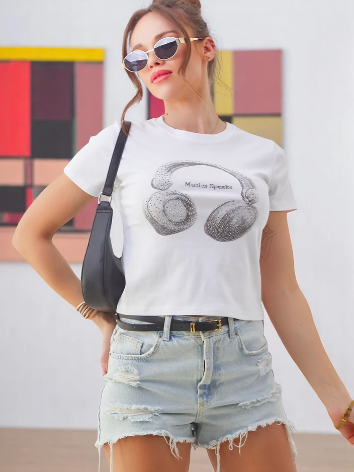 Royalfashion Women's Cotton T-shirt with Music Speaking Print