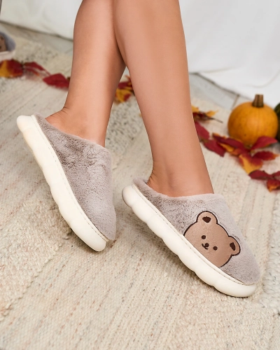 Royalfashion Women's fur slippers with teddy bear in gray Fetemes