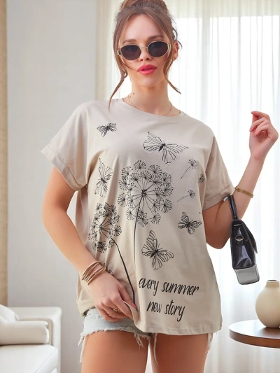 Royalfashion Women's cotton t-shirt with dandelions and a butterfly