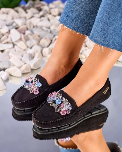 Royalfashion Openwork black women's moccasins with decorative crystals Cizzas