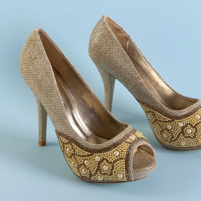 OUTLET Gold women's shiny high heels with cubic zirconia and pearls Mira - Footwear