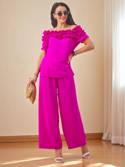 Royalfashion Женский комплект с блузкой с открытыми плечами с короткими рукавами и декоративным вырезом, а также широкими брюками