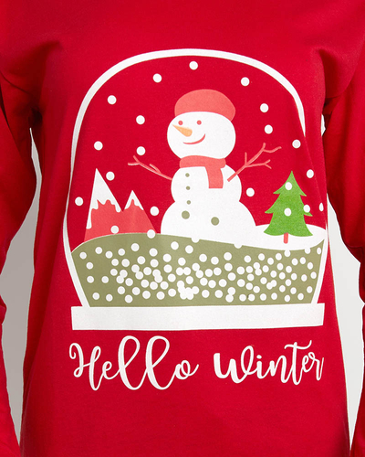 Red women's 2-piece pajamas with snowman- Clothing