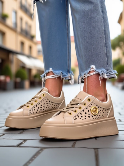 Cleo Ecru Platino – beige platform sneakers Royalfashion eco leather