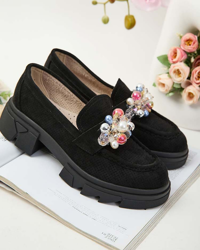 Royalfashion Черные женские мокасины с разноцветными кристаллами Glam