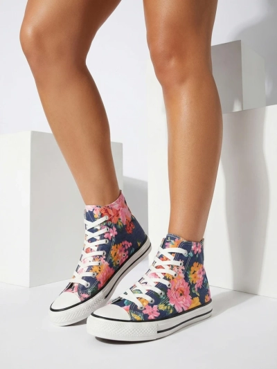 Royalfashion Women's high navy blue sneakers with Fahenna colorful floral print