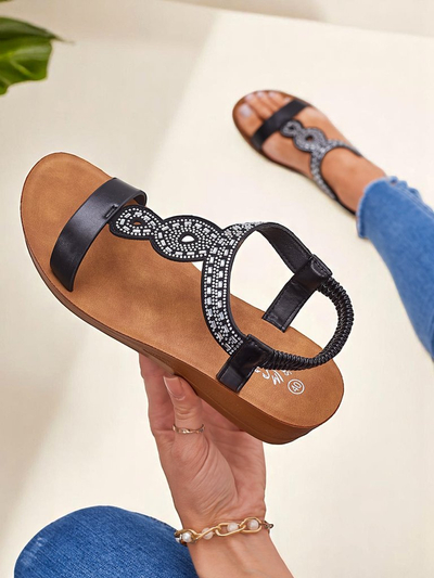 Perseida Royalfashion black eco-leather wedge sandals with crystals 4.5cm