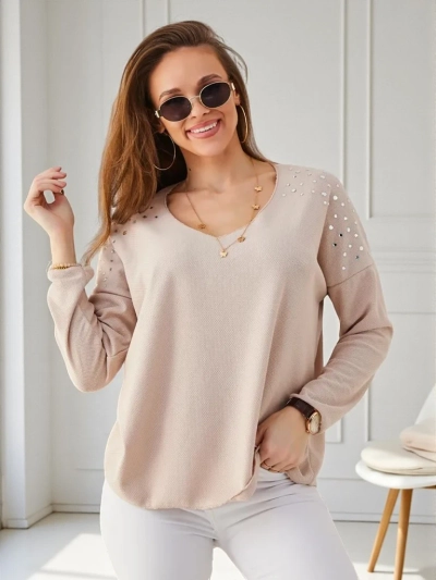 Royalfashion Women's thin viscose sweater with rhinestones on the shoulders