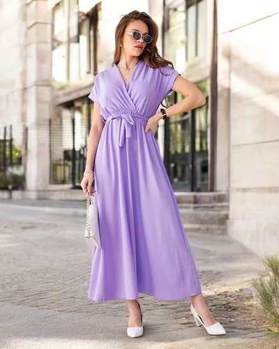 Royalfashion Women's midi dress with a wrap neckline, short sleeves, and a belt