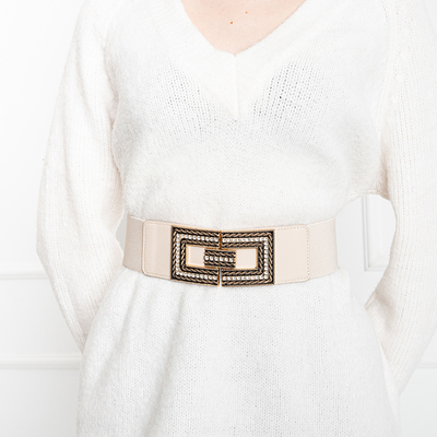 Ladies' beige elastic belt with a golden buckle with cubic zirconia - Accessories