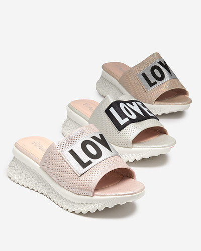 Pink shiny women's slippers with the words Sosha- Footwear