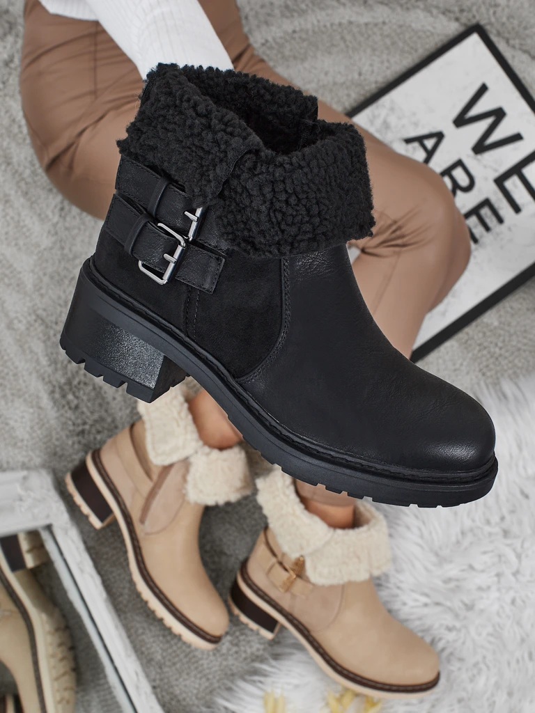 Botki damskie eko skórzane z kożuszkiem Kavira