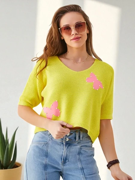 Royalfashion Cotton women's short sweater with butterflies