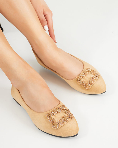 Light brown women's eco-suede ballerinas with Linselisa decoration - Footwear