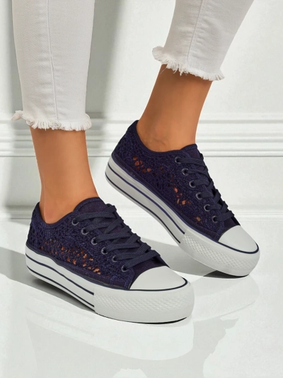 Женские темно-синие ажурные тканевые кроссовки Aureliana на плоской подошве