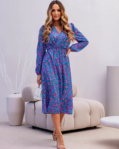 Royalfashion Women's midi dress with tiny flowers, wrap neckline, and slit