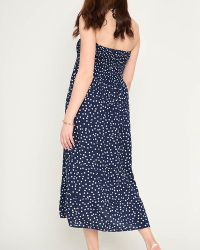 Navy blue ladies midi dress with polka dots - Clothing