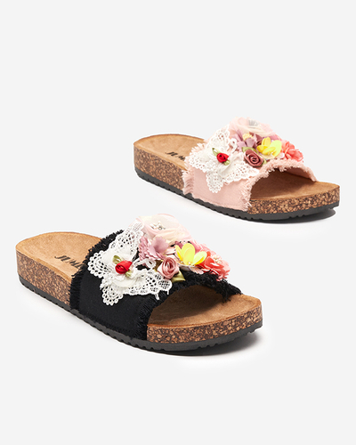 Women's slippers with fabric flowers in black Ososi- Footwear
