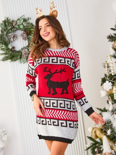 Royalfashion Серо-красное женское платье в стиле свитера