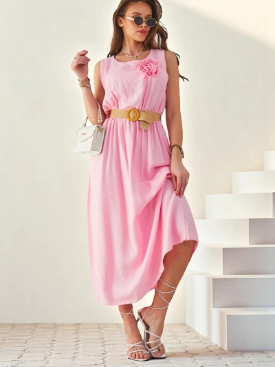 Royalfashion Naiste midi kleit rihmadega, ümar kaelus dekoratiivse lilledega