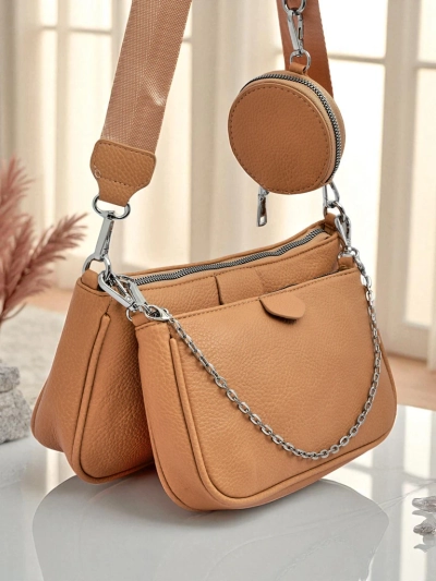 Torebka damska Aurora Multi z ekoskóry jasny brąz łańcuszek zip