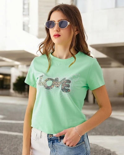 Royalfashion Women's Cotton T-shirt LOVE with Rhinestones