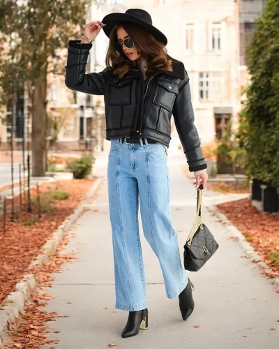 Royalfashion Women's eco leather jacket with fur in black color