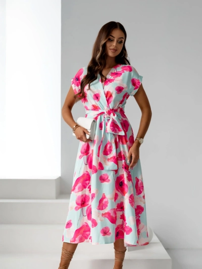 Royalfashion Naiste midi kleit lühikeste varrukatega, rinnaehe kevadiste lilledega