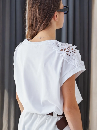 Royalfashion Women's Cotton T-shirt with Lace Sleeves