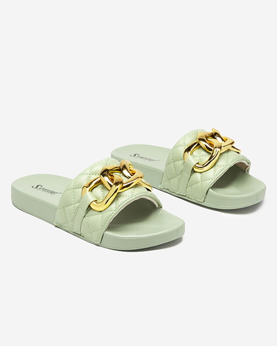 Women's green quilted slippers with a gold chain Eteris - Footwear