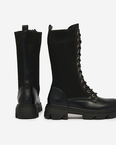 Royalfashion Ажурные черные женские сапоги на плоском каблуке Kaliffo