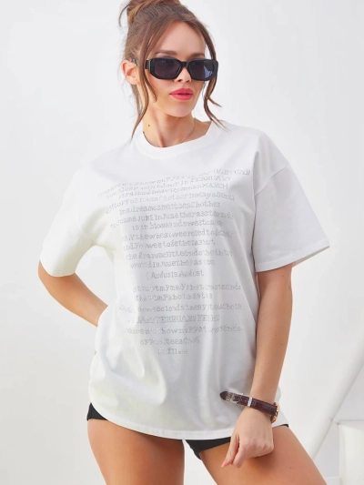 Royalfashion Women's Cotton T-shirt with Rhinestone Text