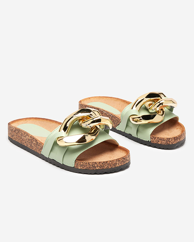Thalia Royalfashion women's green sandals with a chain on a flat sole