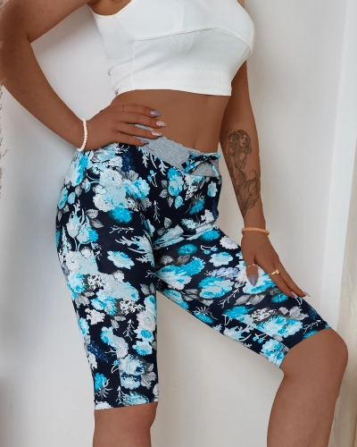 Royalfashion Dark blue women's 3/4 shorts with floral pattern PLUS SIZE