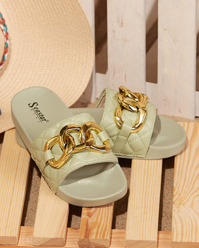 Women's green quilted slippers with a gold chain Eteris - Footwear