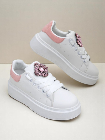 Hypatia Bianco women's eco-leather sneakers with decoration and pink accent