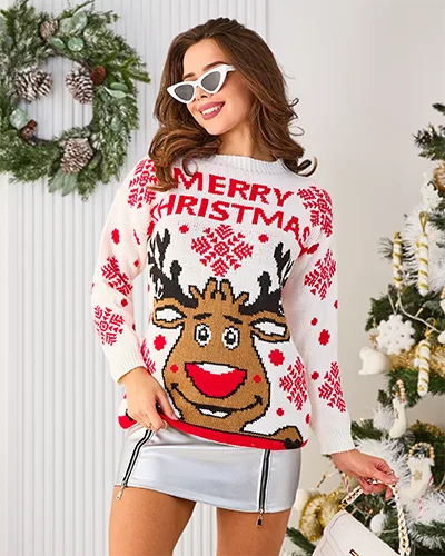 Royalfashion Women's White Christmas Sweater with Reindeer