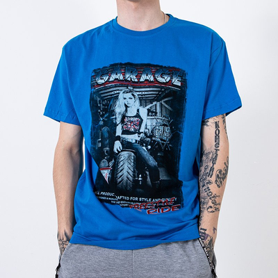 Sinine puuvillane meeste T-särk trüki ja pealdisega - Riietus