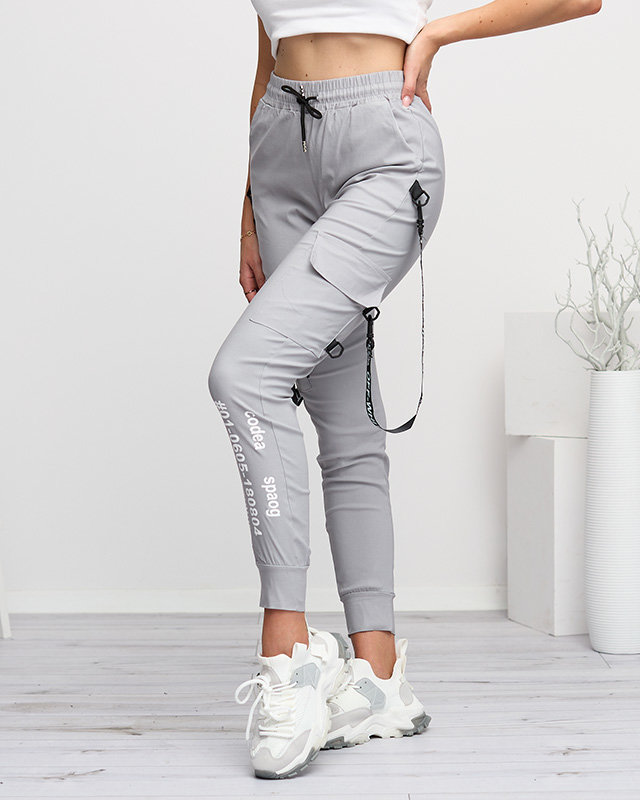 Gray women's cargo pants with inscriptions - Clothing