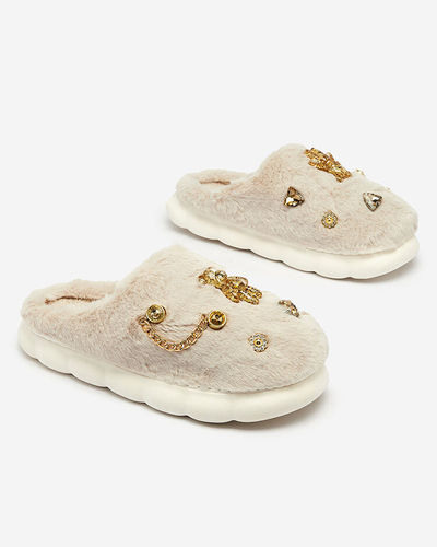 Royalfashion Бежевые женские меховые тапочки с орнаментом Erserra