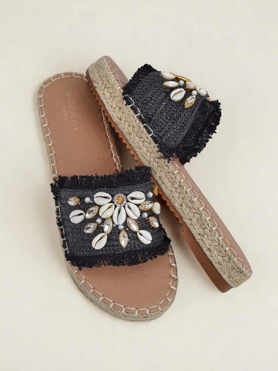Royalfashion Helena Decor Women's Sandals Black Espadrilles with Shells