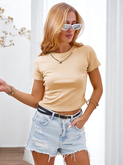 Royalfashion Women's cotton t-shirt with side ruching, a chain, and glitter