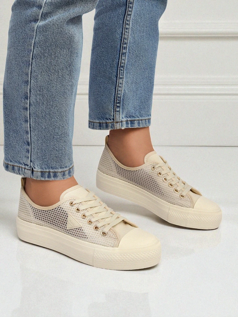 Women's Beige Callista Mesh Sneakers - Flat Heel, Summer Autumn Collection