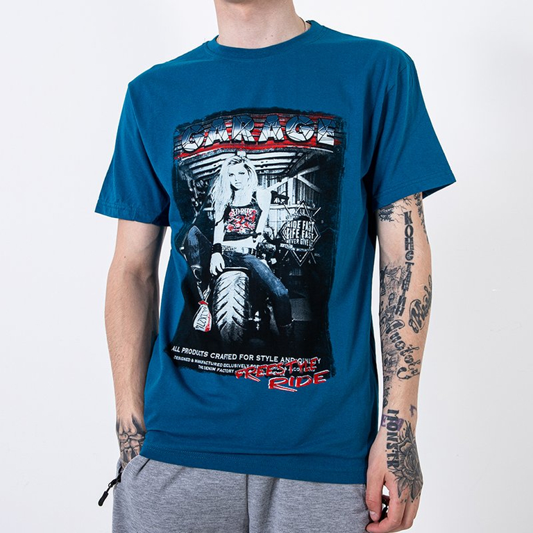 Türkiissinine puuvillane meeste T-särk trüki ja pealdisega - Riietus