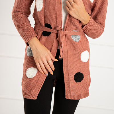 Dark pink women's tied cardigan with colored circles - Clothing