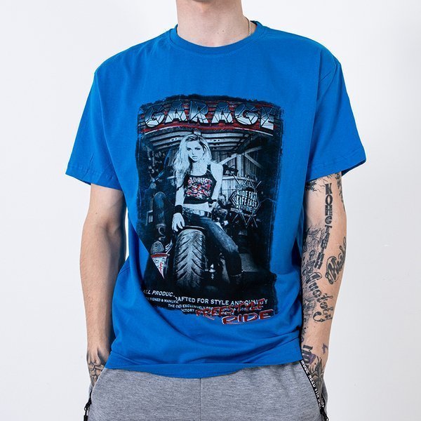 Sinine puuvillane meeste T-särk trüki ja pealdisega - Riietus