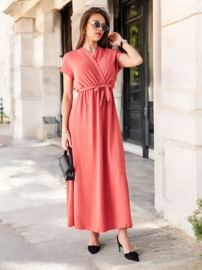 Royalfashion Women's midi dress with a wrap neckline, short sleeves, and a belt