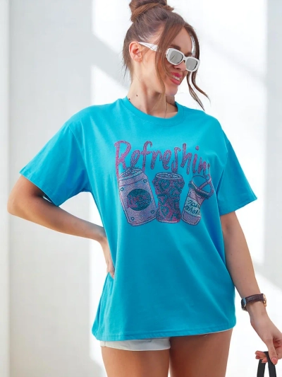 Royalfashion Женская футболка из хлопка с принтом и стразами