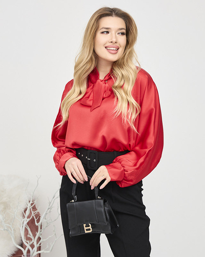Women's red long satin blouse with binding - Clothing