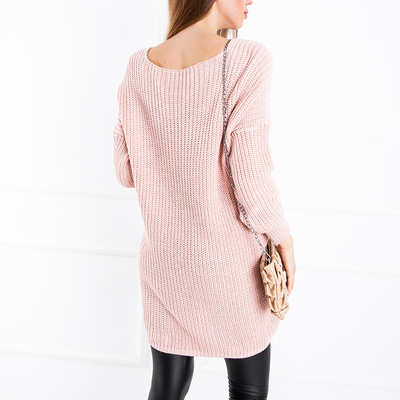 Light pink oversize women's long sweater with patterned pocket - Clothing